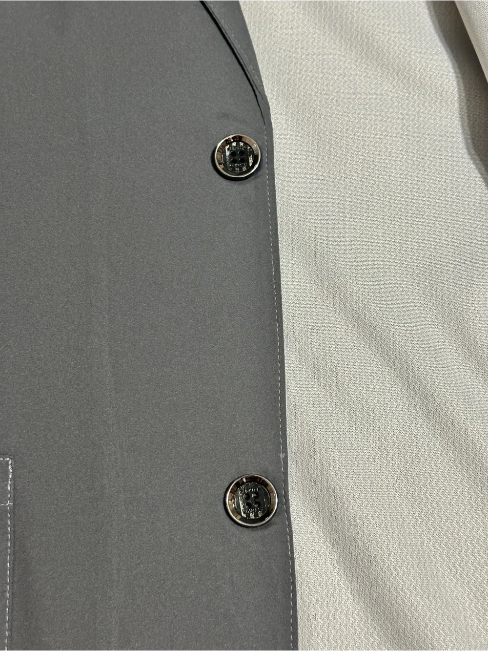 Gray lightweight stretch blazer with prominent front patch pockets